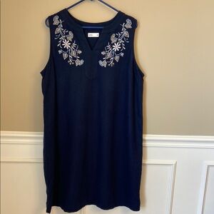 NWOT Navy Linen Blend Sleeveless Dress with Floral Embroidery- XL